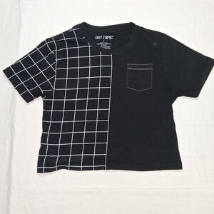 Hot Topic Black Grid Split‎ Tee Women's Short Sleeve Top Size Small Crop